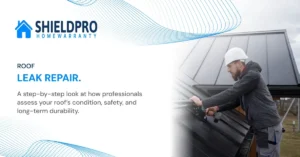 Roof leak repair expert inspecting water damage on a ceiling