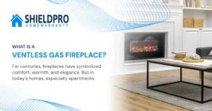 Modern ventless gas fireplace providing efficient home heating and cozy comfort